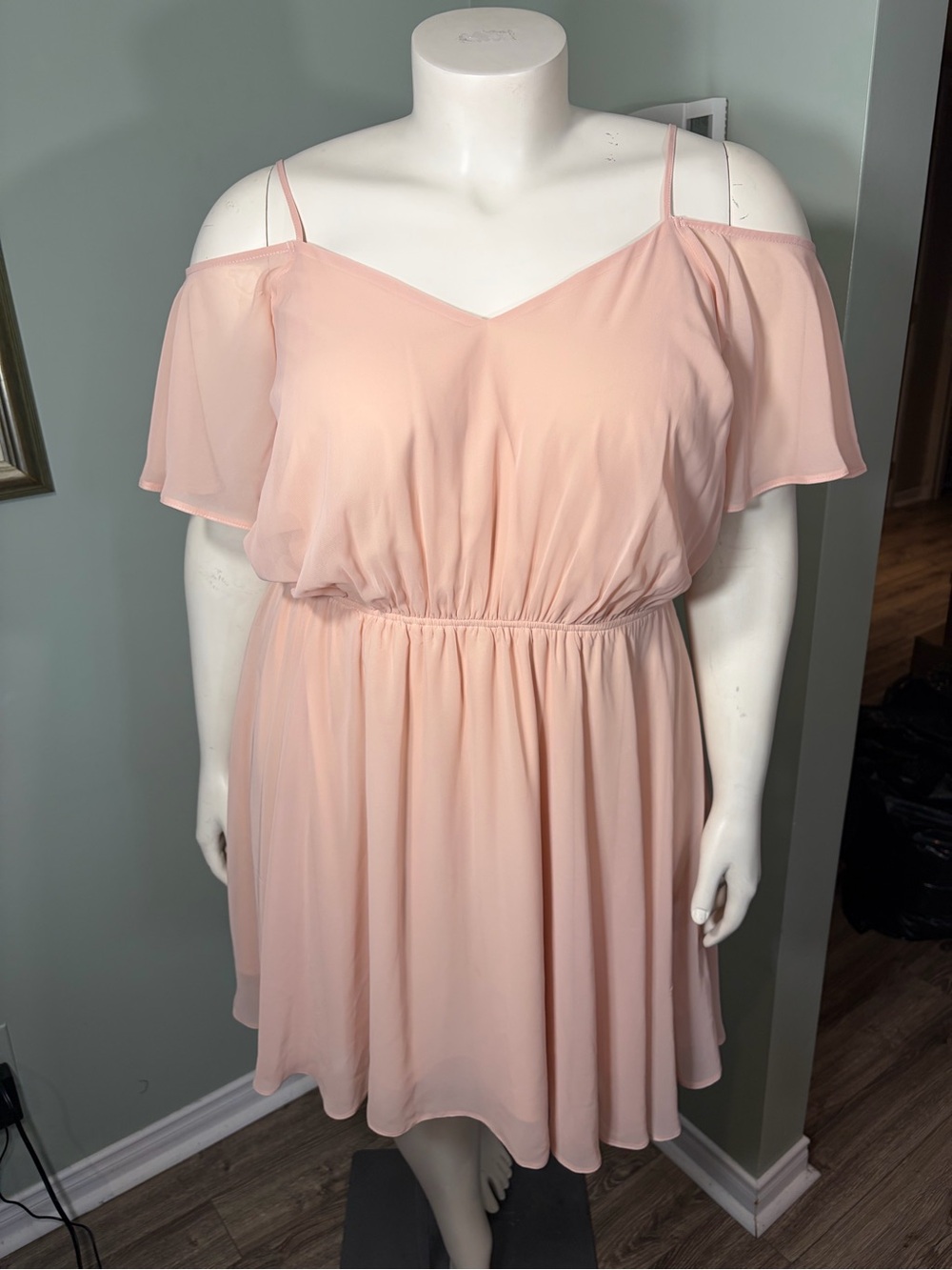 114. ASOS Curve Chiffon Off-Shoulder Spaghetti Strap Dress in Blush Pink